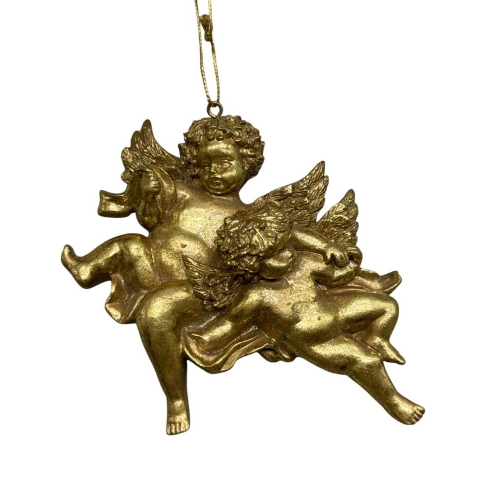 solid Gold 2 Cherubs Angel tree Ornament Decor Christmas 4" READ